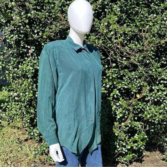 JUST Silk 100% Silk Button Down Forest Green LongSleeve Dress Shirt - Picture 3 of 13